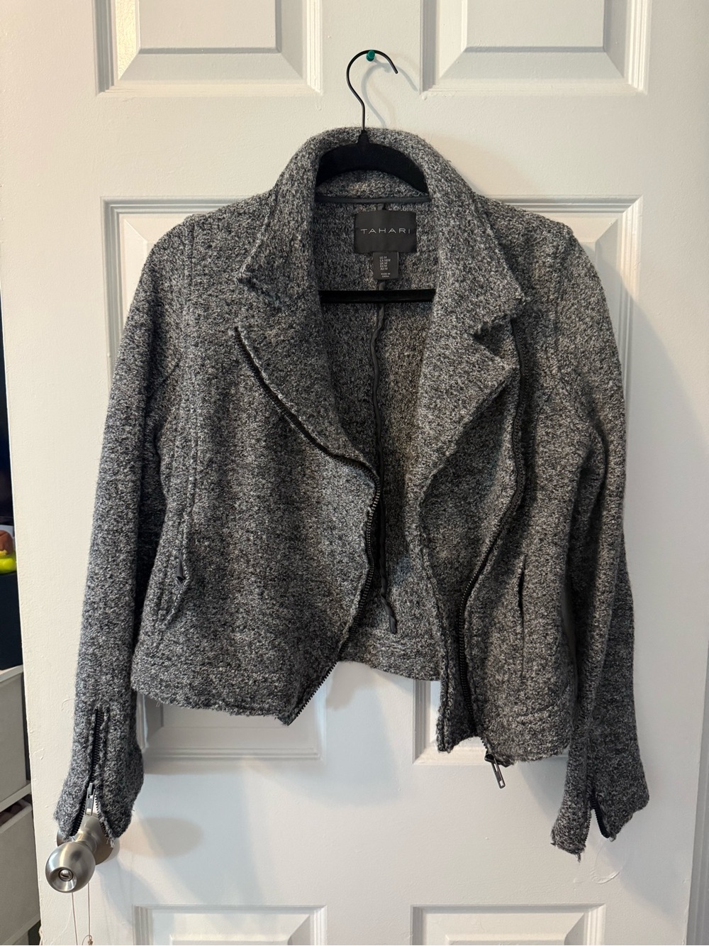 Tahari Gray Textured Knit Moto Blazer
